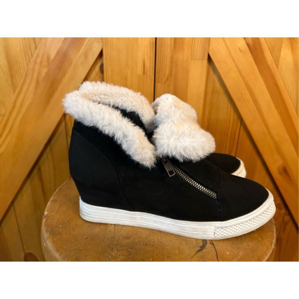Jolimall Womens Size 9 Slip On Zipper Platform Wedge Faux Fur Trim Ankle Booties